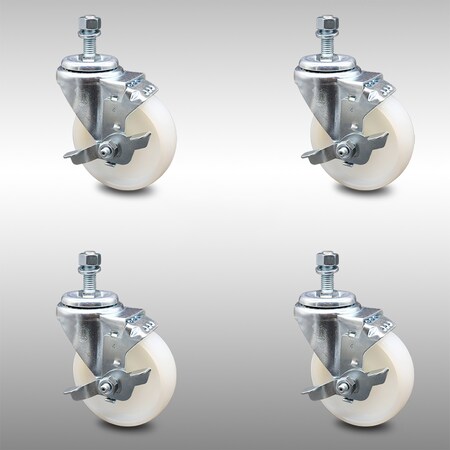 Service Caster 4 Inch SS Nylon Wheel Swivel 3/8 Inch Threaded Stem Caster Set Brake SCC SCC-SSTS20S414-NYS-TLB-381615-4